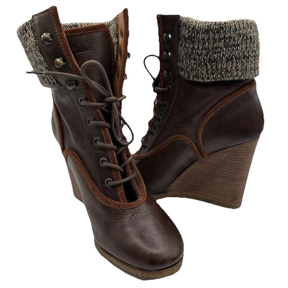 CHLOE‎ Brown Leather Lace Up Wedge Sock Bootie Size 35 1/2
